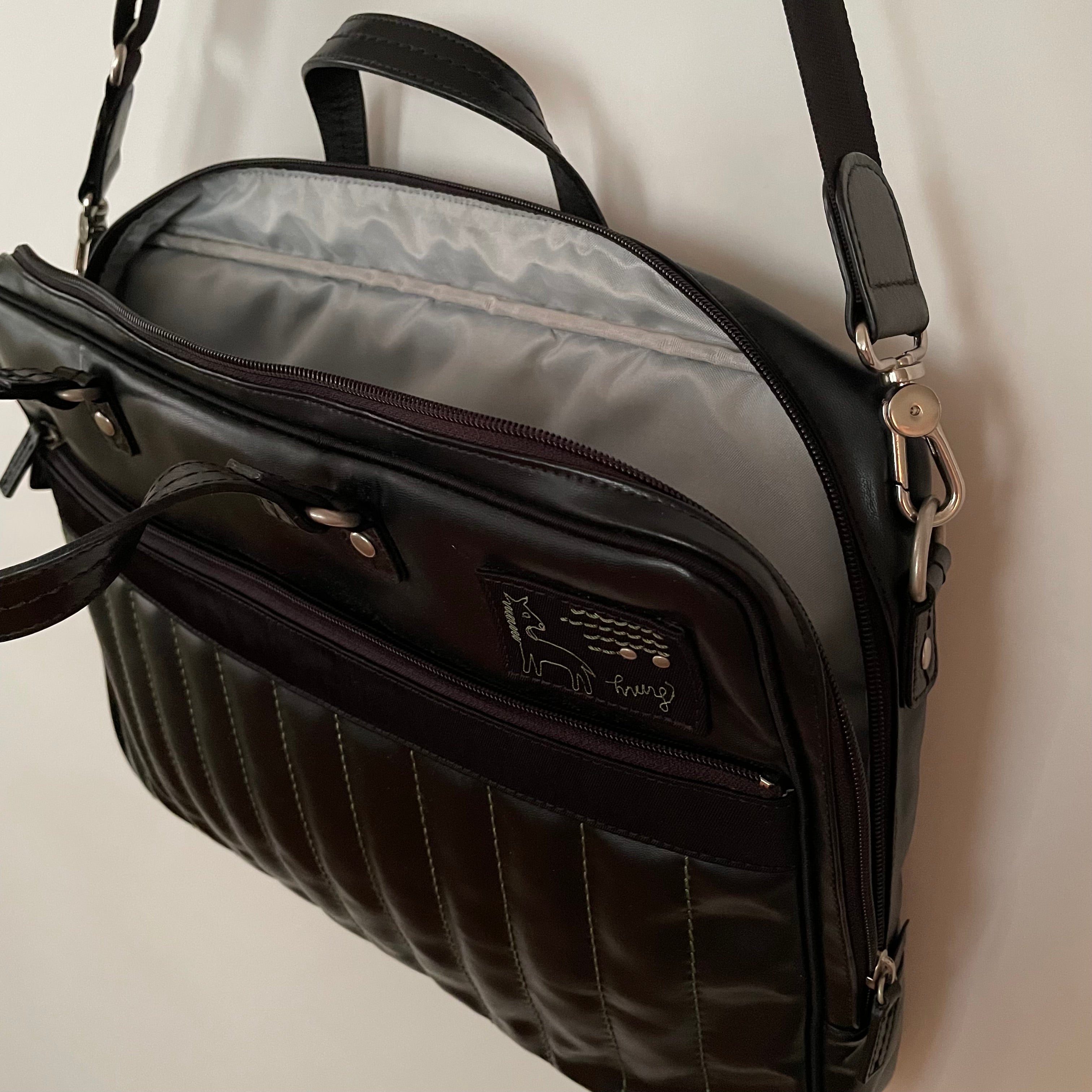 Premium Collection | Vegan Leather x Nylon x Leather Handles Briefcase with Stripe Stitch Accents | Black x Green
